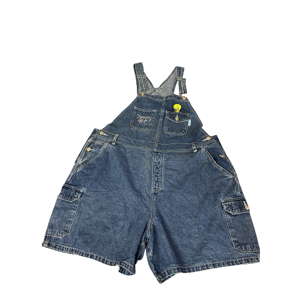 Vintage 90's Looney Tunes Bib Overalls Short Tweety Bird Denim Blue Jean 18w-20W